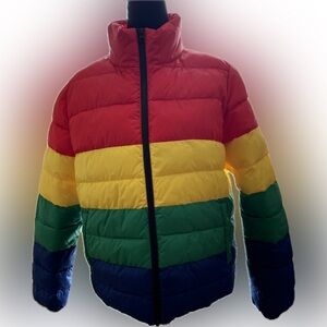 NORDSTROM long sleeve puffy jacket, red, yellow, green & blue zip front. size M